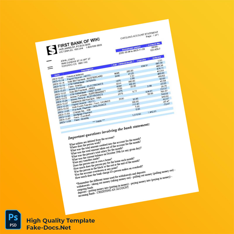 Canada Bank Statement Template in Word and PDF formats 2 page Canada Bank Statement Template in Word and PDF formats 2 page