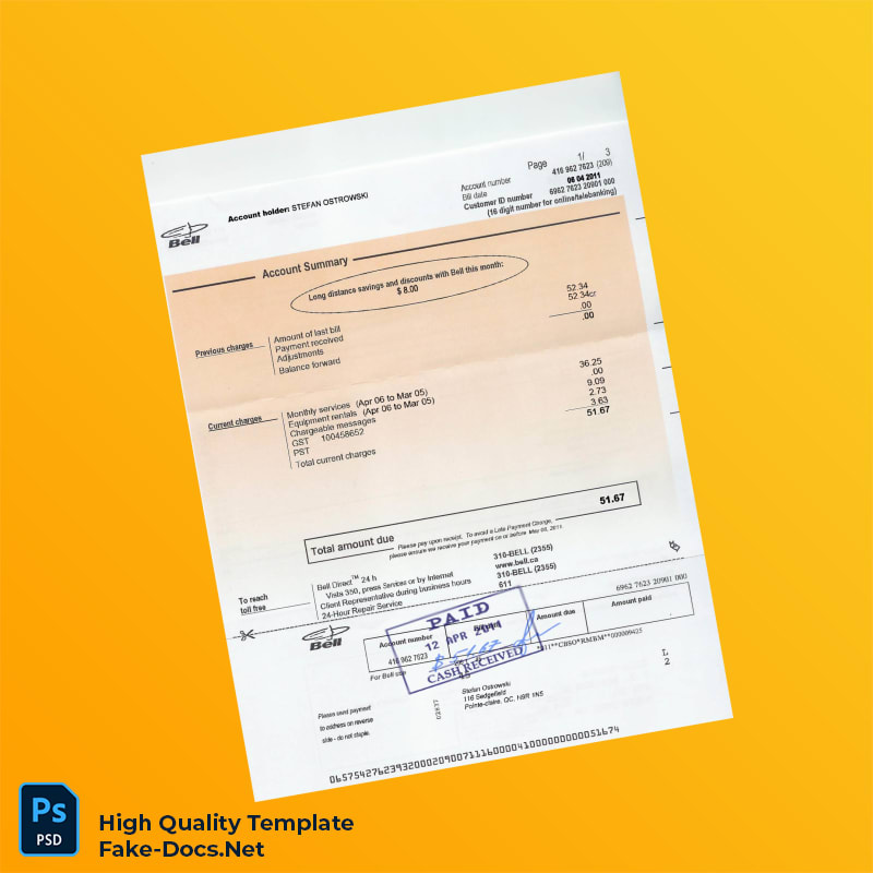 Canada Bell Editable Utility Bill Template in Word and PDF formats Canada Bell Editable Utility Bill Template in Word and PDF formats
