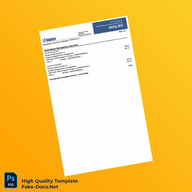 Canada City of Toronto Editable Water Bill Template in Word and PDF formats 3 page Canada City of Toronto Editable Water Bill Template in Word and PDF formats 3 page