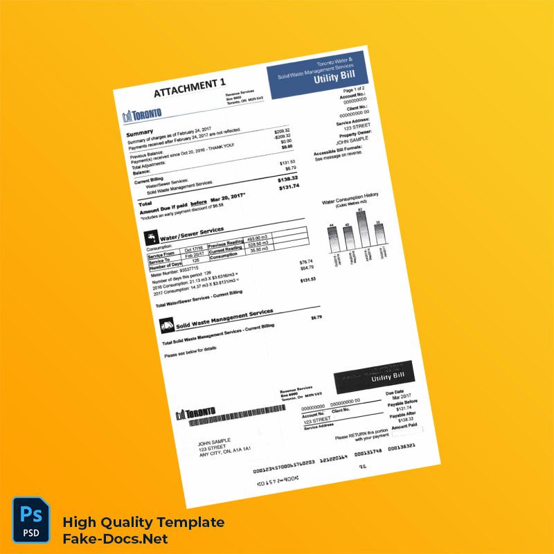 Canada City of Toronto Editable Water Bill Template in Word and PDF formats 3 page Canada City of Toronto Editable Water Bill Template in Word and PDF formats 3 page