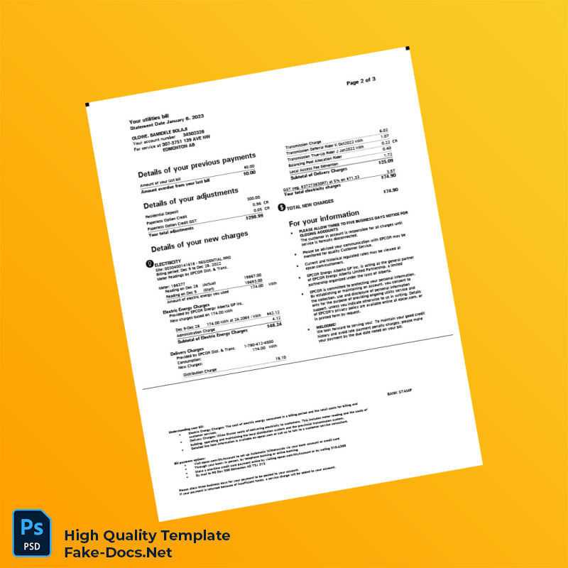 Canada EPCOR Editable Electricity Bill Template in Word and PDF formats 3 page Canada EPCOR Editable Electricity Bill Template in Word and PDF formats 3 page