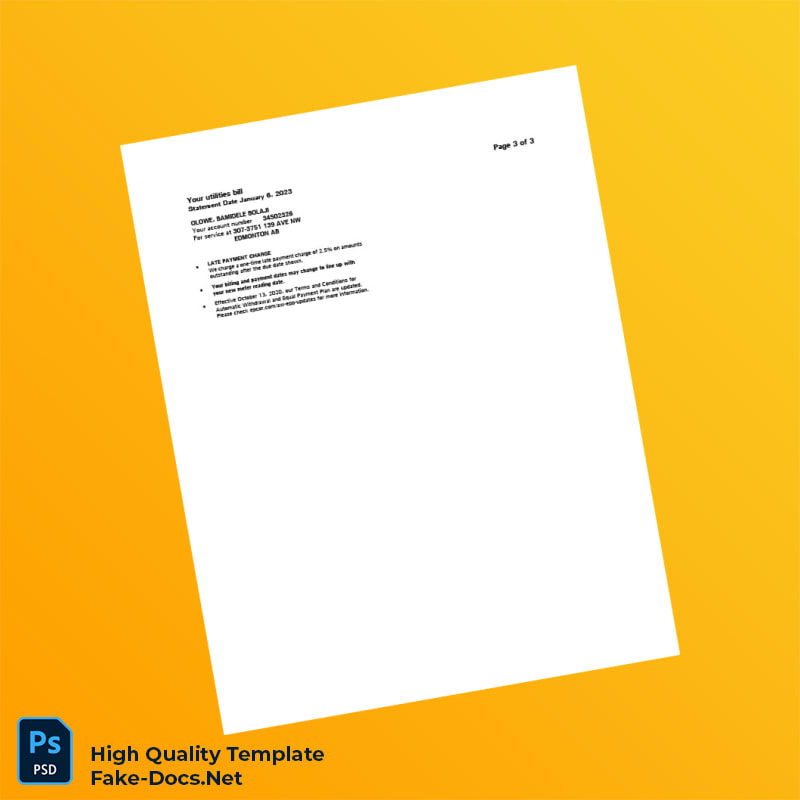 Canada EPCOR Editable Electricity Bill Template in Word and PDF formats 3 page Canada EPCOR Editable Electricity Bill Template in Word and PDF formats 3 page