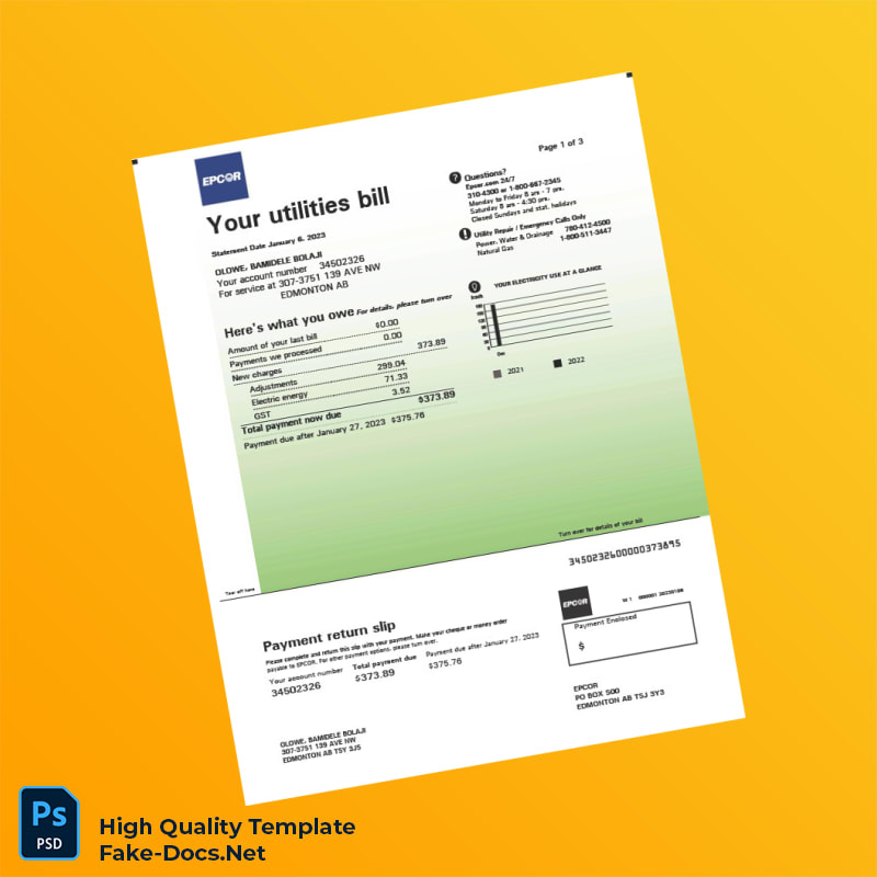 Canada EPCOR Editable Electricity Bill Template in Word and PDF formats 3 page Canada EPCOR Editable Electricity Bill Template in Word and PDF formats 3 page