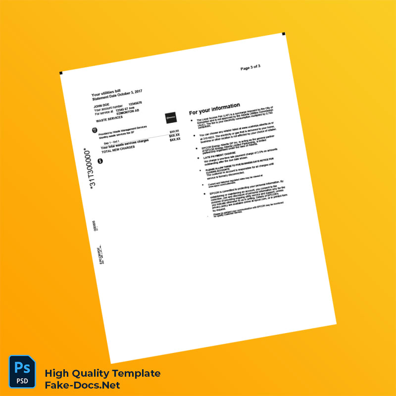Canada EPCOR Editable Utility Bill Template in Word and PDF formats 3 page Canada EPCOR Editable Utility Bill Template in Word and PDF formats 3 page