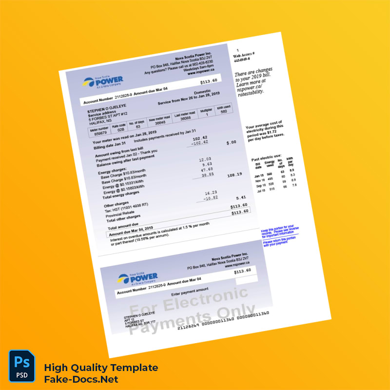 Canada Nova Scotia Power Inc Editable Electricity Bill Template in Word and PDF formats Canada Nova Scotia Power Inc Editable Electricity Bill Template in Word and PDF formats