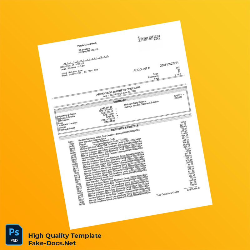 Canada PeoplesTrust Bank Business Account Statement Template in Word and PDF formats Canada PeoplesTrust Bank Business Account Statement Template in Word and PDF formats
