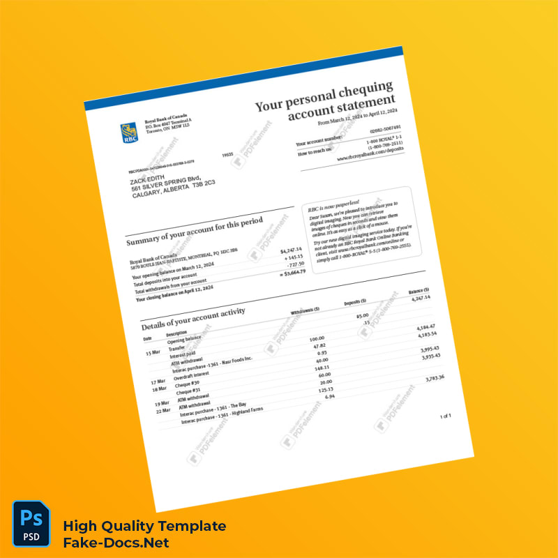 Canada Royal Bank of Canada Account Statement Template in Word and PDF formats Canada Royal Bank of Canada Account Statement Template in Word and PDF formats