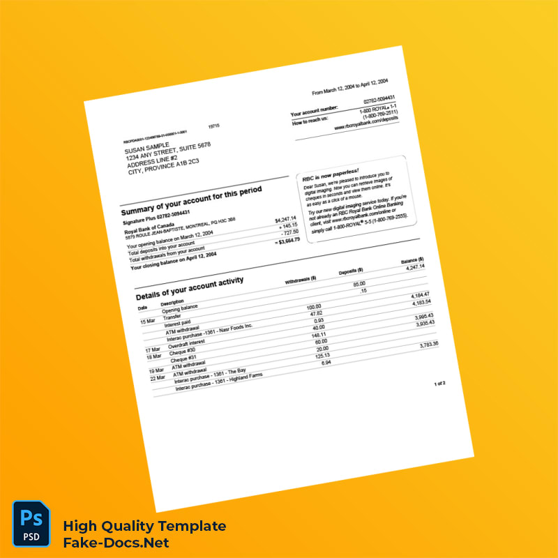 Canada Royal Bank of Canada Chequing Account Statement Template in Word and PDF formats 2 page Canada Royal Bank of Canada Chequing Account Statement Template in Word and PDF formats 2 page
