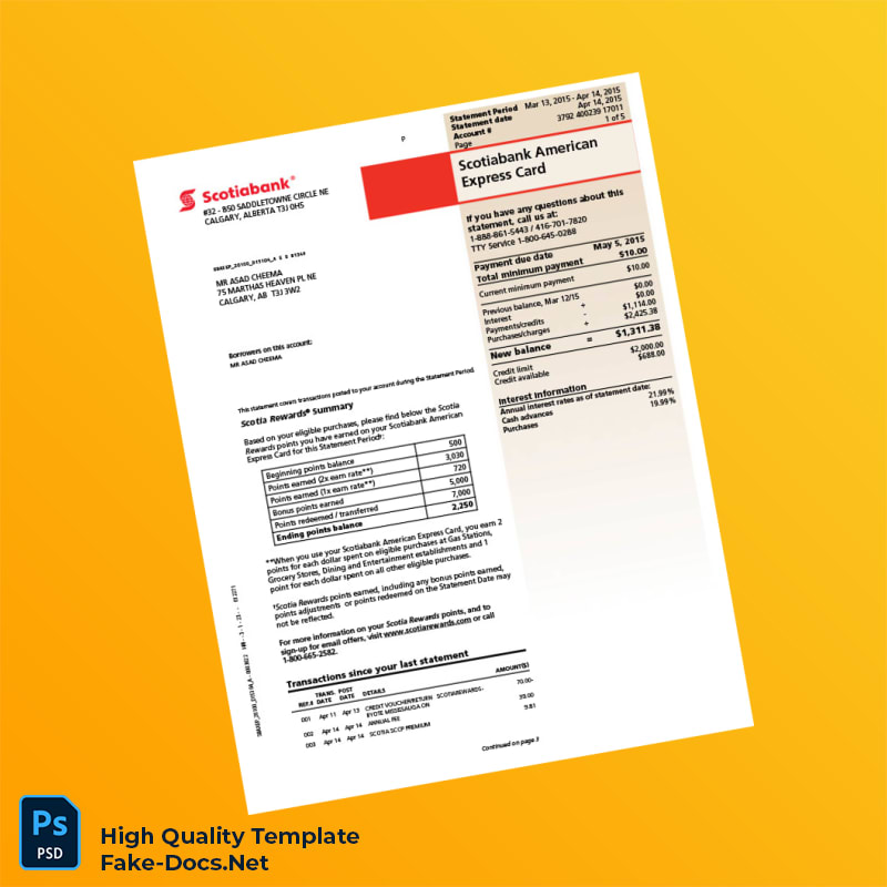 Canada Scotiabank Credit Card Statement Template in Word and PDF formats 6 page Canada Scotiabank Credit Card Statement Template in Word and PDF formats 6 page
