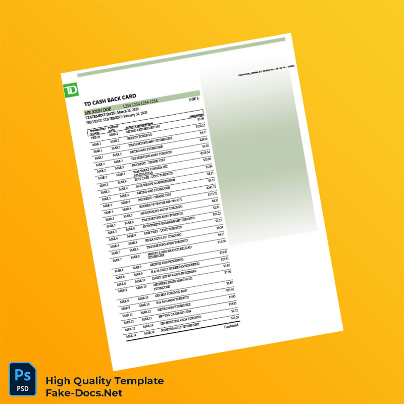 Canada TD Bank Statement Template in Word and PDF formats 5 page Canada TD Bank Statement Template in Word and PDF formats 5 page