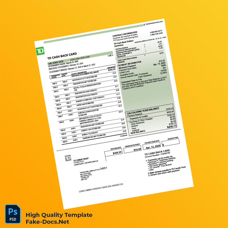 Canada TD Bank Statement Template in Word and PDF formats 5 page Canada TD Bank Statement Template in Word and PDF formats 5 page