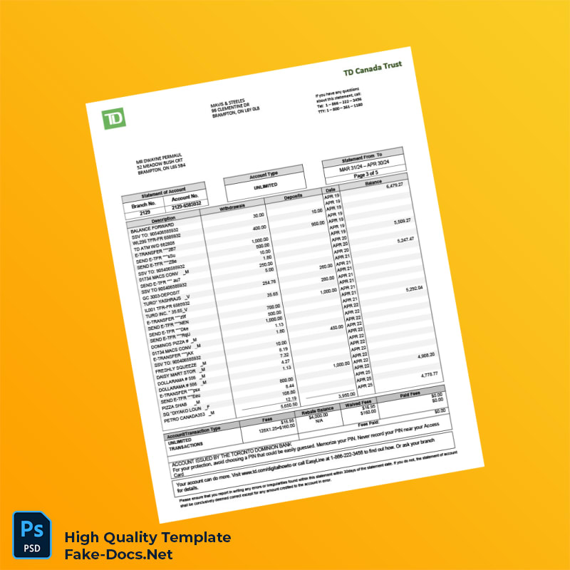 Canada TD Canada Trust Bank Statement Template in Word and PDF formats 5 page Canada TD Canada Trust Bank Statement Template in Word and PDF formats 5 page