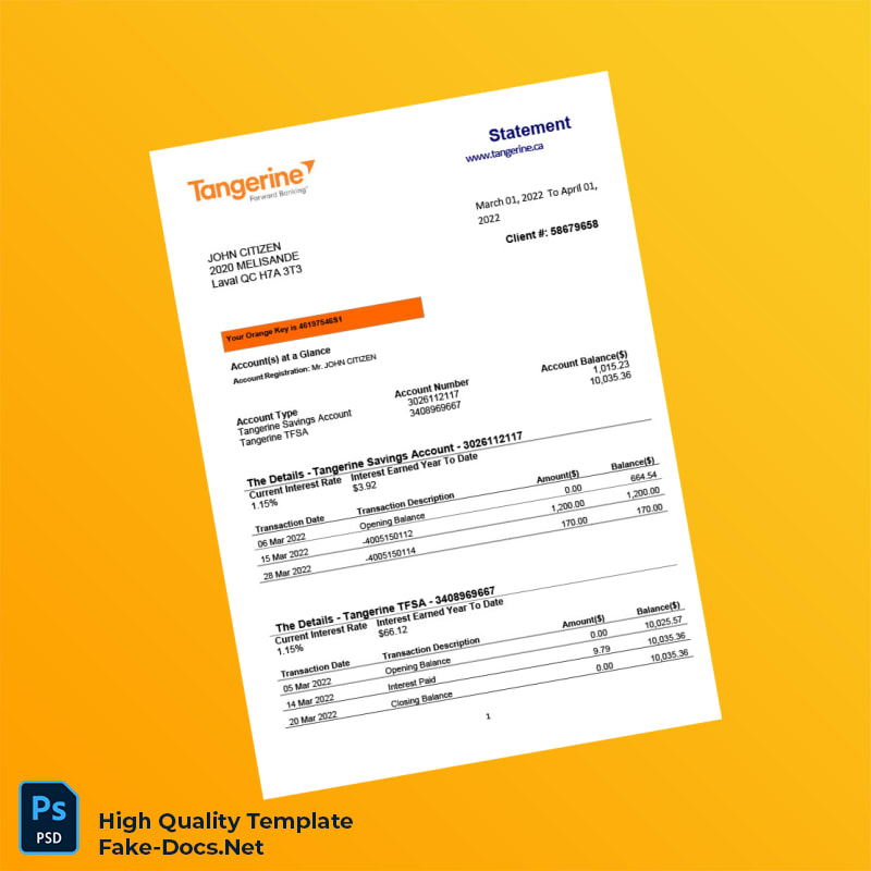Canada Tangerine Bank Statement Template in Word and PDF formats 2 page Canada Tangerine Bank Statement Template in Word and PDF formats 2 page
