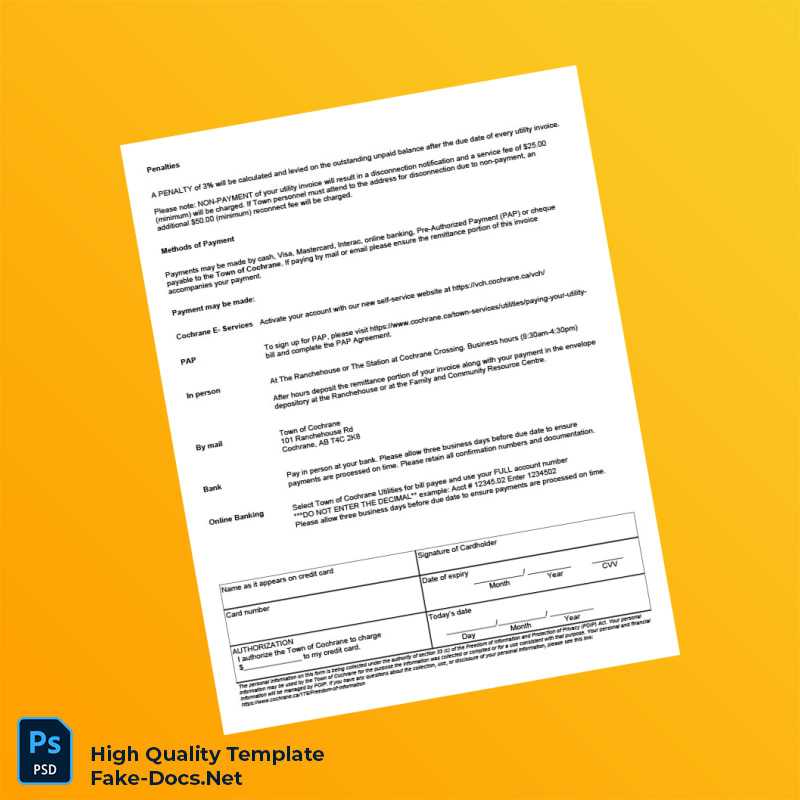Canada Town of Cochrane Editable Water Bill Template in Word and PDF formats 2 page Canada Town of Cochrane Editable Water Bill Template in Word and PDF formats 2 page