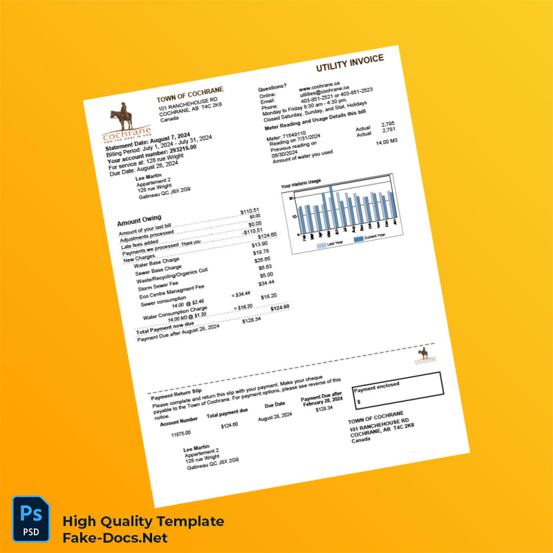 Canada Town of Cochrane Editable Water Bill Template in Word and PDF formats 2 page Canada Town of Cochrane Editable Water Bill Template in Word and PDF formats 2 page