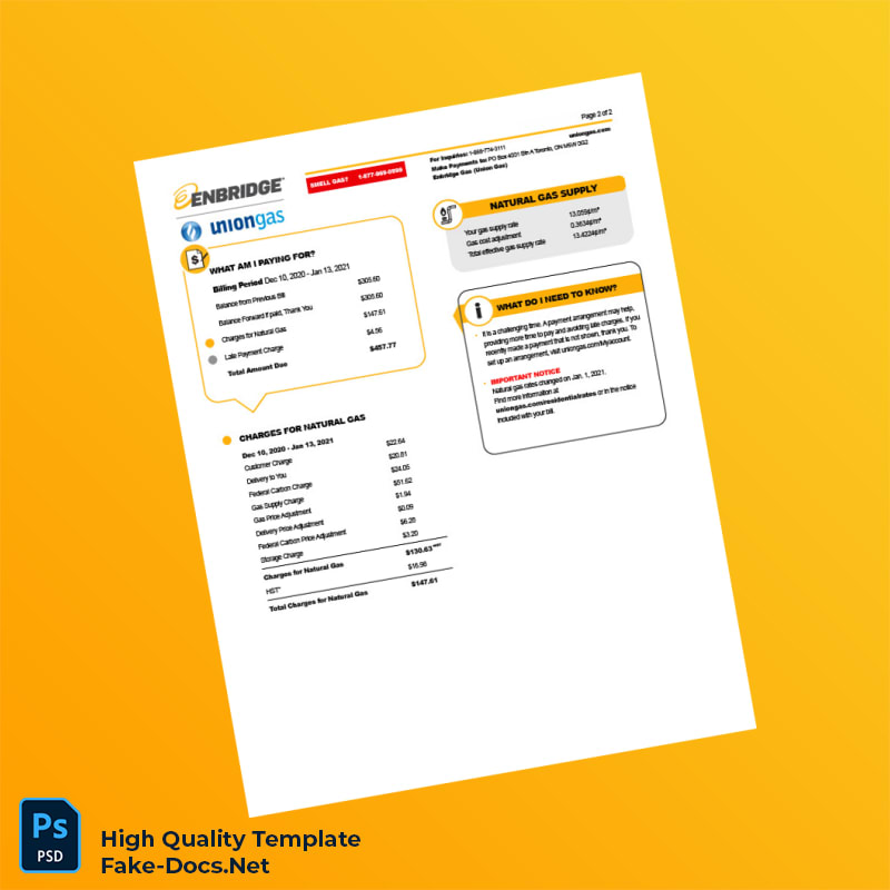 Canada Union Gas Editable Natural Gas Bill Template in Word and PDF formats 2 page Canada Union Gas Editable Natural Gas Bill Template in Word and PDF formats 2 page