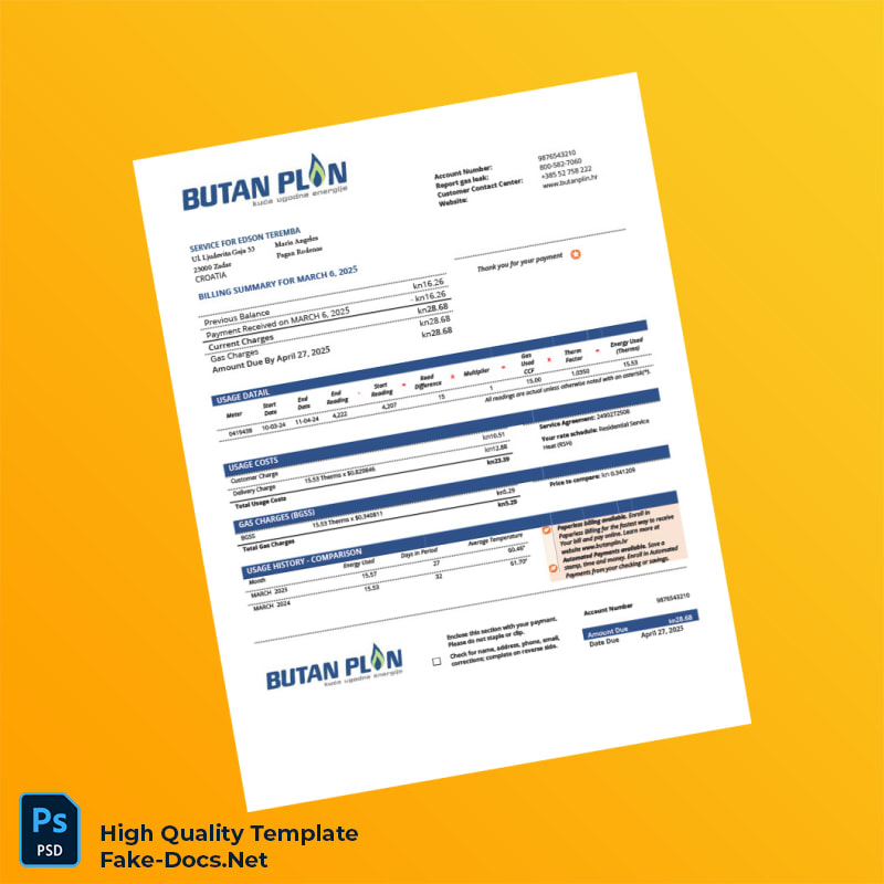 Croatia Butan Plin d o o Editable Gas Utility Bill Template in Word and PDF formats Croatia Butan Plin d o o Editable Gas Utility Bill Template in Word and PDF formats