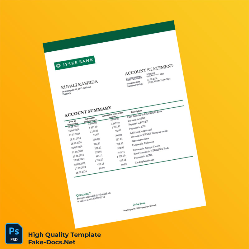 Denmark Jyske Bank Account Statement Template in Word and PDF formats Denmark Jyske Bank Account Statement Template in Word and PDF formats