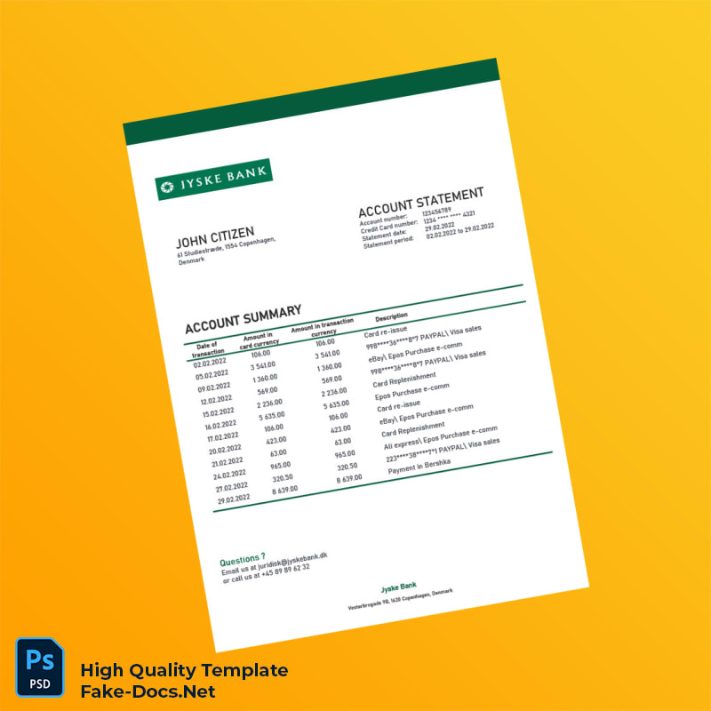 Denmark Jyske Bank Credit Card Statement Template in Word and PDF formats Denmark Jyske Bank Credit Card Statement Template in Word and PDF formats