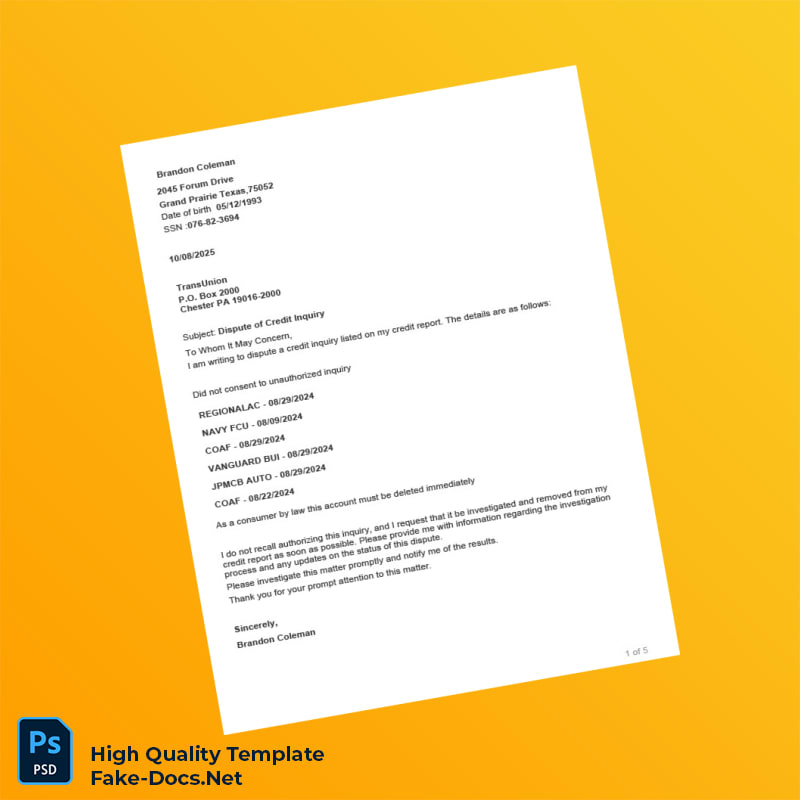 Editable Credit Inquiry Dispute Letter Template in Word and PDF formats 5 page Editable Credit Inquiry Dispute Letter Template in Word and PDF formats 5 page