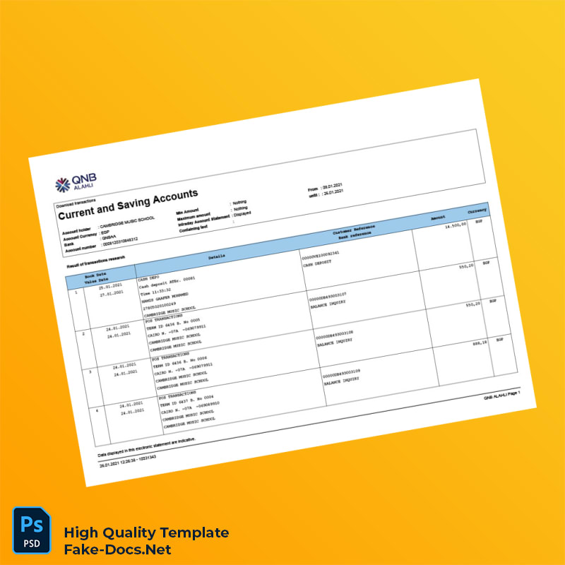 Egypt QNB Bank Statement Template in Word and PDF formats 4 page Egypt QNB Bank Statement Template in Word and PDF formats 4 page
