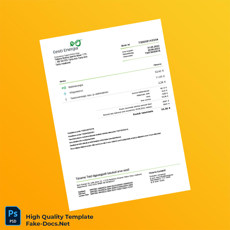Estonia Eesti Energia Editable Utility Bill Template in Word and PDF formats 4 page Estonia Eesti Energia Editable Utility Bill Template in Word and PDF formats 4 page