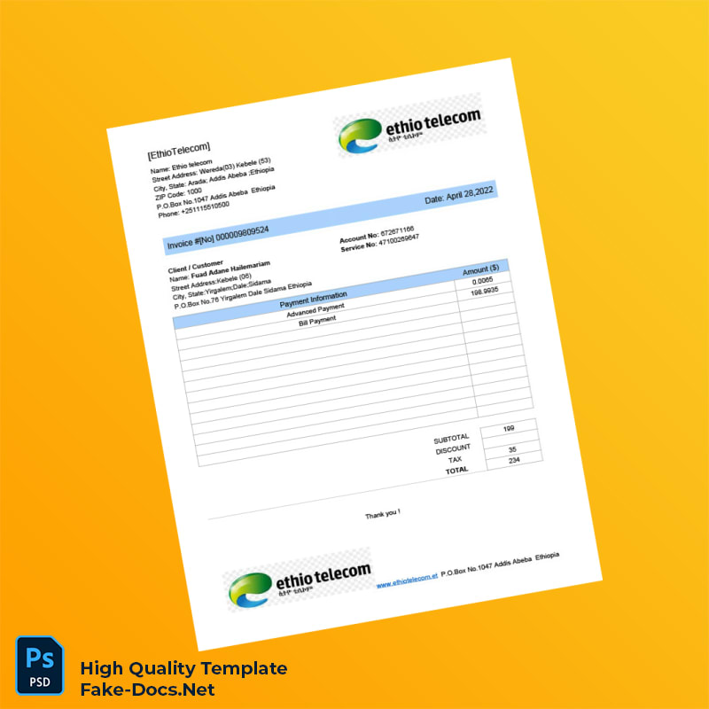 Ethiopia Ethio Telecom Editable Utility Bill Template in Word and PDF formats Ethiopia Ethio Telecom Editable Utility Bill Template in Word and PDF formats