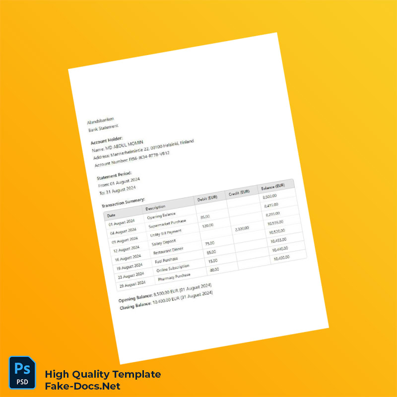 Finland Alandsbanken Editable Bank Statement Template in Word and PDF formats Finland Alandsbanken Editable Bank Statement Template in Word and PDF formats