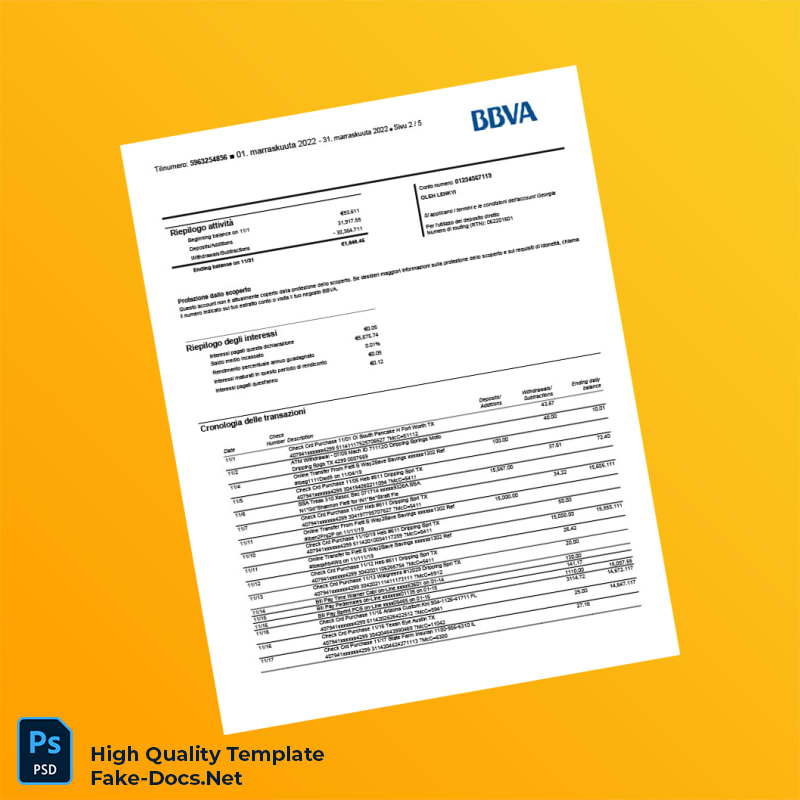 Finland BBVA Bank Statement Template in Word and PDF formats 5 page Finland BBVA Bank Statement Template in Word and PDF formats 5 page