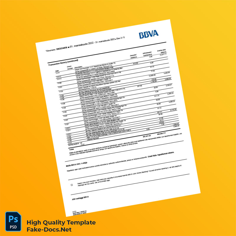 Finland BBVA Bank Statement Template in Word and PDF formats 5 page Finland BBVA Bank Statement Template in Word and PDF formats 5 page