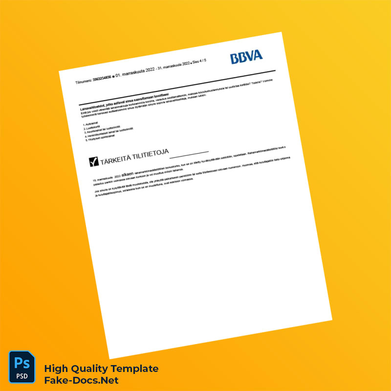 Finland BBVA Bank Statement Template in Word and PDF formats 5 page Finland BBVA Bank Statement Template in Word and PDF formats 5 page