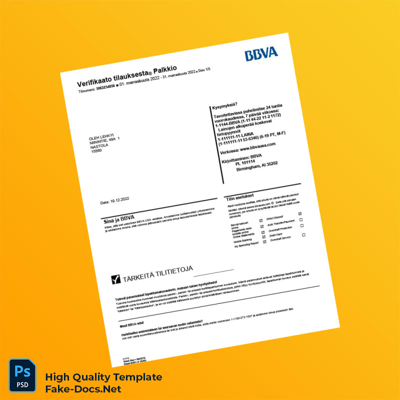 Finland BBVA Bank Statement Template in Word and PDF formats 5 page Finland BBVA Bank Statement Template in Word and PDF formats 5 page