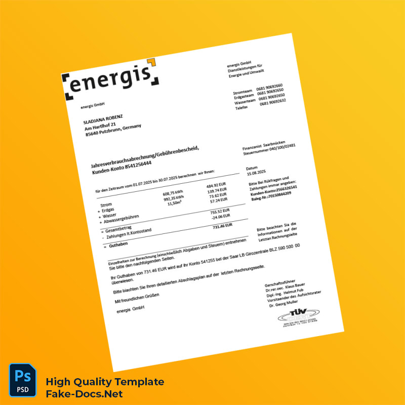 Germany energis GmbH Editable Utility Business Bill Template in Word and PDF formats Germany energis GmbH Editable Utility Business Bill Template in Word and PDF formats