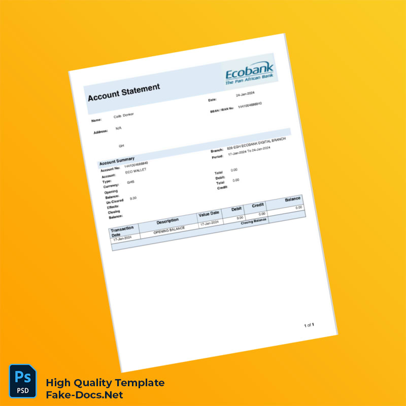 Ghana Ecobank Account Statement Template in Word and PDF formats Ghana Ecobank Account Statement Template in Word and PDF formats