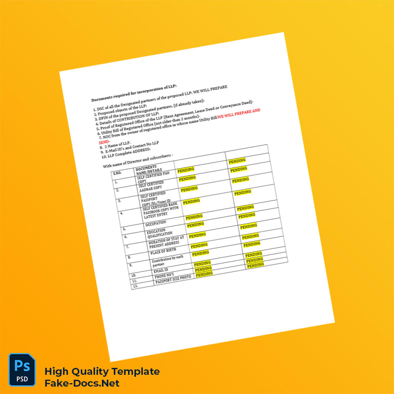 India Editable LLP Incorporation Document Checklist Template in Word and PDF formats India Editable LLP Incorporation Document Checklist Template in Word and PDF formats