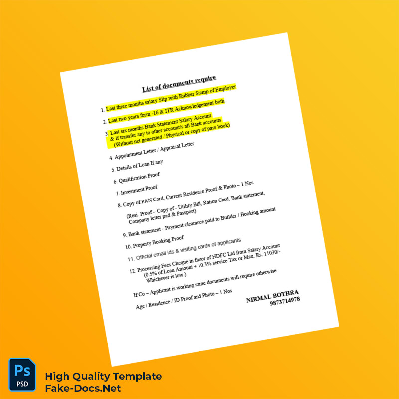 India HDFC Editable List of Docs Template in Word and PDF formats India HDFC Editable List of Docs Template in Word and PDF formats