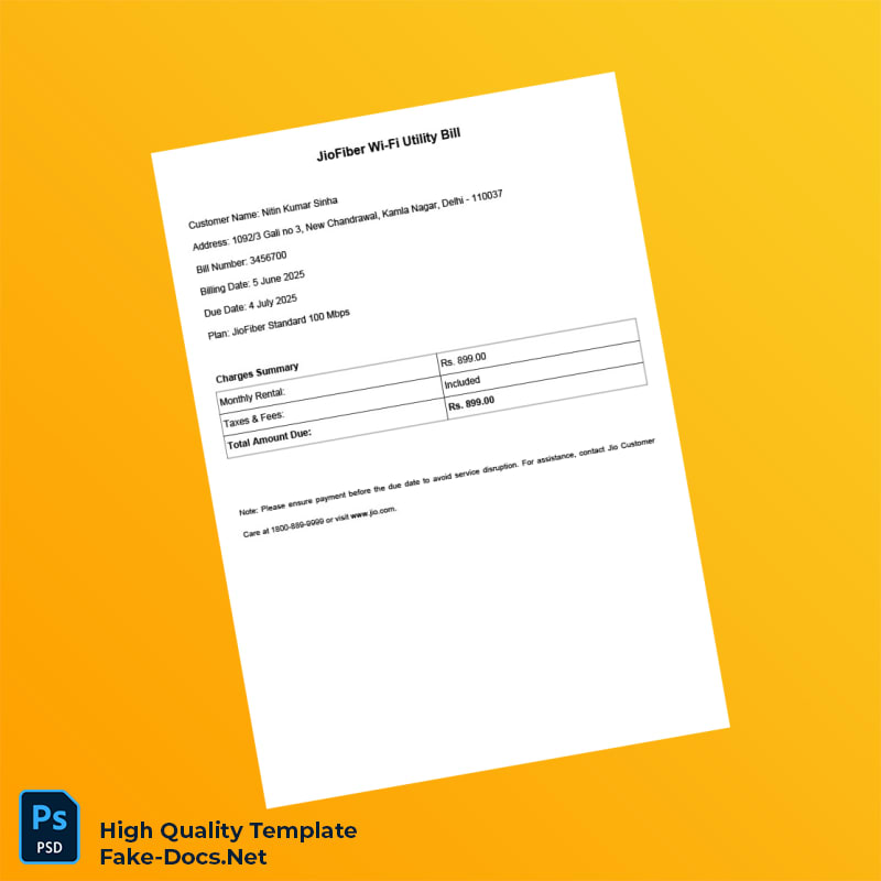 India JioFiber Editable Internet Bill Template in Word and PDF formats India JioFiber Editable Internet Bill Template in Word and PDF formats
