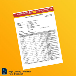 India PUNJAB NATIONAL BANK Statement Template in Word and PDF formats 2 page