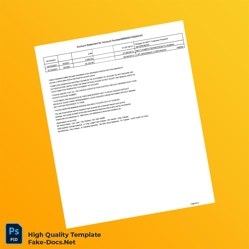 India Punjab National Bank Account Statement Template in Word and PDF formats 4 page India Punjab National Bank Account Statement Template in Word and PDF formats 4 page