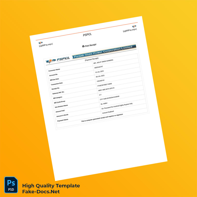India Punjab State Power Corporation Limited Editable Payment Receipt Template in Word and PDF formats India Punjab State Power Corporation Limited Editable Payment Receipt Template in Word and PDF formats