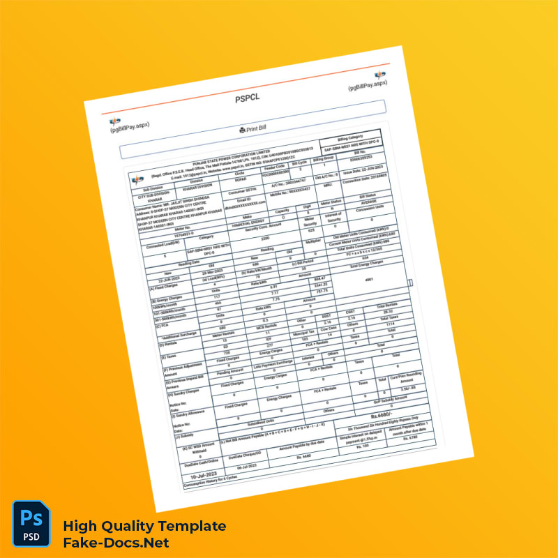 India Punjab State Power Corporation Limited Editable Utility Bill and Payment Receipt Template in Word and PDF formats 2 page India Punjab State Power Corporation Limited Editable Utility Bill and Payment Receipt Template in Word and PDF formats 2 page