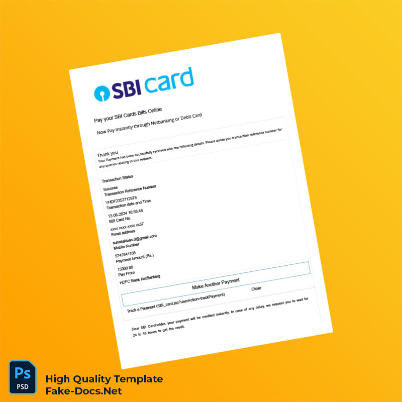 India SBI Card Editable Payment Receipt Template in Word and PDF formats 2 page India SBI Card Editable Payment Receipt Template in Word and PDF formats 2 page