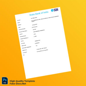 India SBI Savings Account Statement Template in Word and PDF formats 2 page