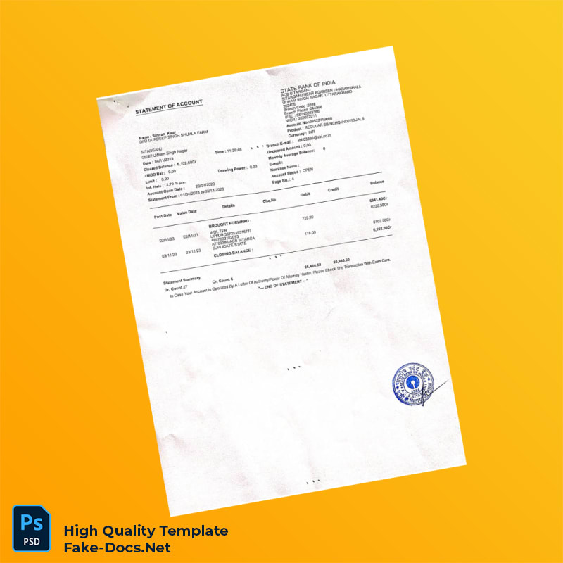 India Simran Bank Statement Template in Word and PDF formats 4 page India Simran Bank Statement Template in Word and PDF formats 4 page