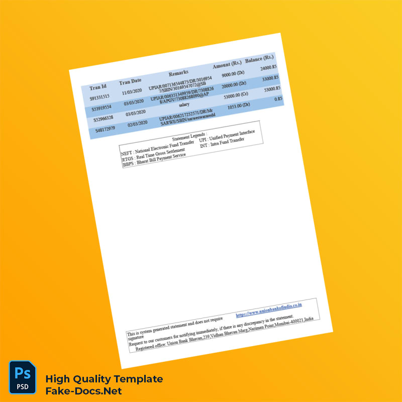 India Union Bank Bank Statement Template in Word and PDF formats 5 page India Union Bank Bank Statement Template in Word and PDF formats 5 page