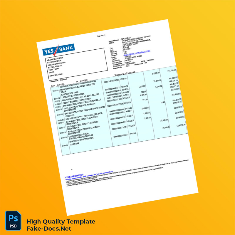 India YES Bank Bank Statement Template in Word and PDF formats 4 page India YES Bank Bank Statement Template in Word and PDF formats 4 page