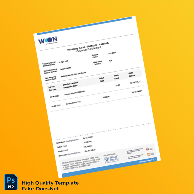 Indonesia Woori Saudara E-Statement Template in Word and PDF formats Indonesia Woori Saudara E-Statement Template in Word and PDF formats