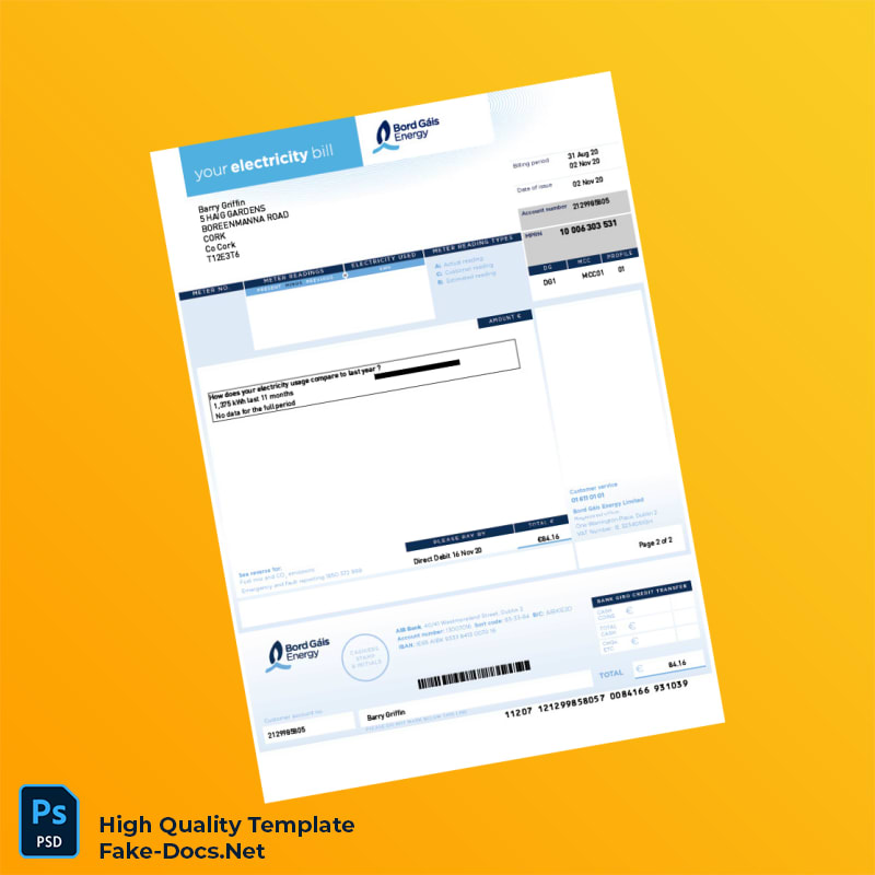Ireland Bord Gáis Energy Editable Electricity Bill Template in Word and PDF formats 3 page Ireland Bord Gáis Energy Editable Electricity Bill Template in Word and PDF formats 3 page