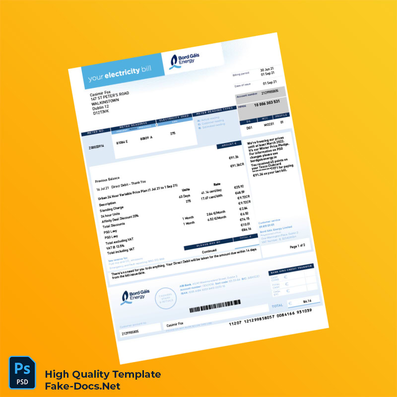 Ireland Bord Gáis Energy Editable Electricity Bill Template in Word and PDF formats 3 page Ireland Bord Gáis Energy Editable Electricity Bill Template in Word and PDF formats 3 page