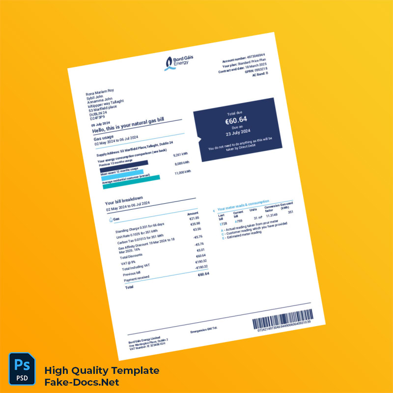 Ireland Bord Gáis Energy Limited Editable Natural Gas Bill Template in Word and PDF formats 2 page Ireland Bord Gáis Energy Limited Editable Natural Gas Bill Template in Word and PDF formats 2 page